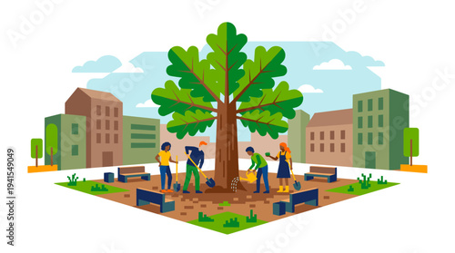 People planting a tree in a park, fostering community and environmental stewardship. The scene depicts individuals contributing to a greener future