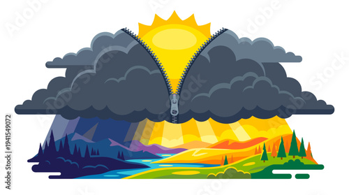 Weather change metaphor, the sun bursts through a zipper in the sky to reveal a beautiful landscape underneath. This illustration visually depicts the concept of good weather after bad weather 