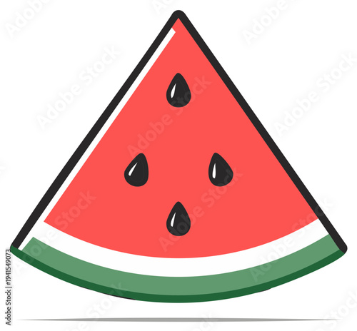 Cartoon watermelon slice with red flesh and black seeds, isolated