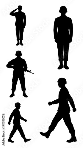 Silhouette depictions of military personnel in various poses