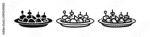 Appetizer or canape skewers in a bowl icon set, ideal for party food and catering designs.