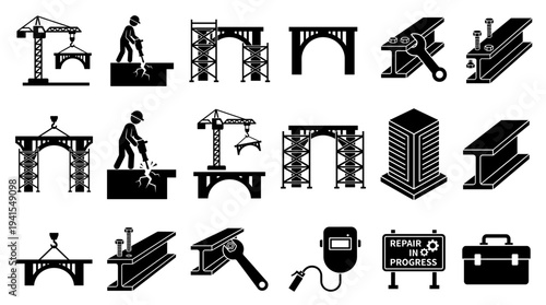 Construction and building icon set in black and white