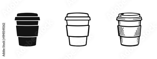 Coffee to-go cup icon set for beverages, featuring solid, outline, and hand-drawn styles.