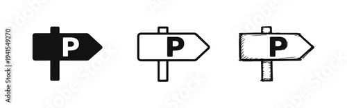 Parking sign with arrow icon set, useful for traffic, navigation, and transportation design.