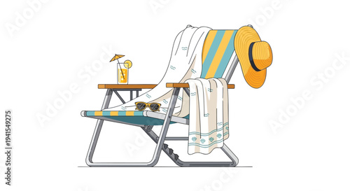 Vector illustration of beach chair with towel, hat, and drink