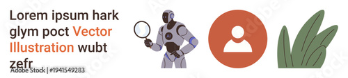 Artificial intelligence, identity verification, technology concepts, user interface, environmental science, search analysis. Robot holding magnifying glass, profile icon green grass. AI and identity