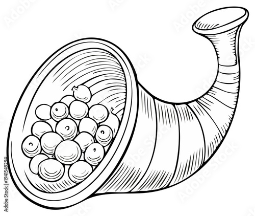 Outline illustration of a cornucopia overflowing with round fruits symbolizing abundance and harvest