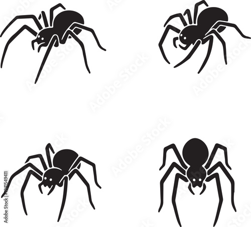 Four black spiders on a white background