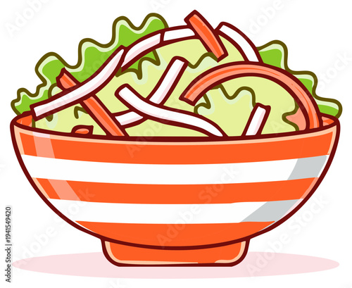 Cartoon salad bowl with lettuce, crab sticks, food