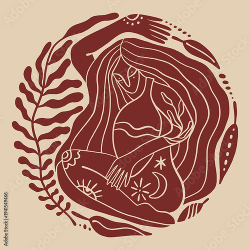 Boho sacred magic woman mystical symbol flat holistic healing meditation, reiki new age concept modern abstract silhouette divine feminine botanical silhouette vector moon child mystical mother earth