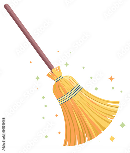 Vector illustration of a classic straw broom with a magical sparkling effect for cleaning themes