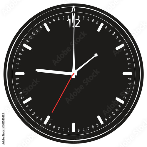 Minimalist Black Clock Face with White Hour Markers and Red Second Hand
