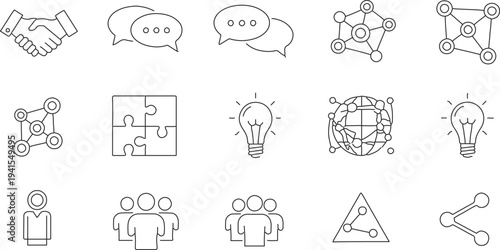 Set of 15 Business and Communication Line Icons Vector, including Handshake, Chat Bubbles, Network, Puzzle, Lightbulb, and People for Web Design isolated PNG with Transparent Background