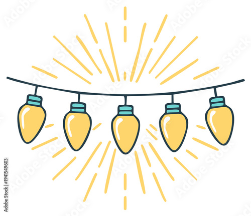 Festive Holiday String Lights with Sparkle Beams, Vector Illustration Decoration