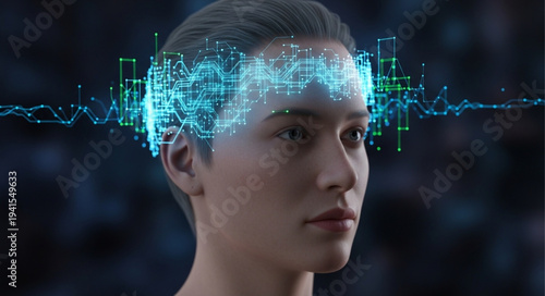 Futuristic Woman with Digital Head Overlay.