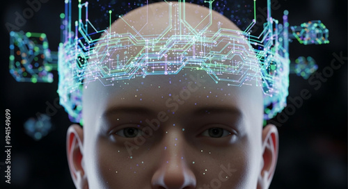 Futuristic Human Head with Digital Neural Interface.