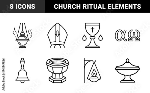 Christian liturgical symbols and sacramental elements for religious education. Monoline black line art featuring chalice, mitre, baptismal font, and sanctuary lamp.