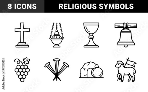 Christian religious symbols and liturgical elements for ecclesiastical design. Thick monoline black and white pictograms featuring holy communion and easter resurrection concepts.