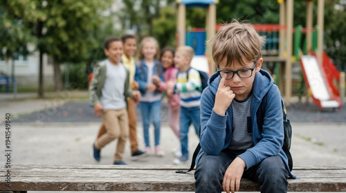 Sad lonely boy sitting on playground bench while peers laugh in background. Social isolation and bullying concept. Child feeling excluded at school park