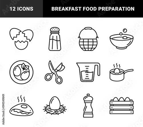 Egg preparation and breakfast cooking elements for culinary branding. Technical monoline pictograms featuring kitchen tools and poultry farm products.