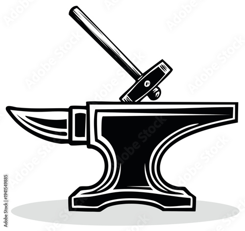 Blacksmithing Tools Illustration: Hammer Striking Anvil for Traditional Metalwork Craft