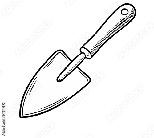 Line drawing of a garden trowel with a wooden handle