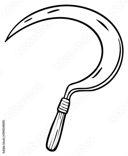 Hand drawn illustration of reaping hook with curved blade and textured handle for harvesting crops or for design elements