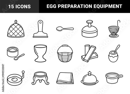 Breakfast service and egg preparation tools for culinary branding. Technical monoline pictograms featuring egg cups, slicers, and kitchen accessories.