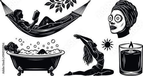 Self-Care and Mental Wellness Linocut Illustration Set