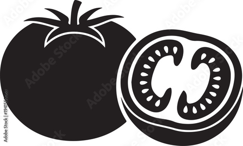 A black and white drawing of a tomato and a cut tomato