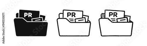 PR (Public Relations) folder icon set with documents, representing communication and media strategy.