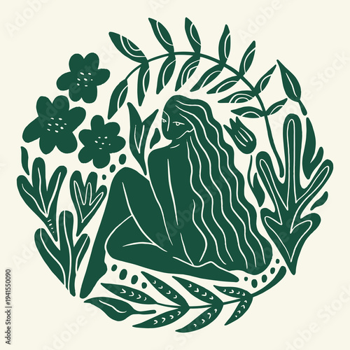 Boho sacred magic woman mystical symbol flat holistic healing meditation, reiki new age concept modern abstract silhouette divine feminine botanical silhouette vector moon child mystical mother earth