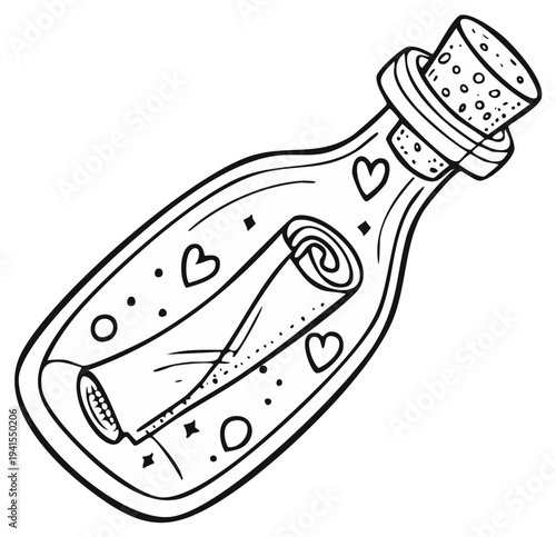 Letter in a Bottle Illustration With Hearts and Stars, Sealed with Cork, Line Art