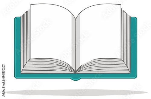 Simple illustration of an open book with blank white pages and a teal cover. Copy space for text or design.