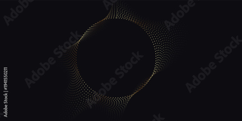 Abstract circle wave lines, gradient light equalizer gold wavy curve. Round frame in luxury golden color isolated on black background. Editable stroke. Vector illustration with copy space