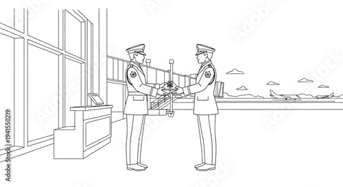 Airport Security Officers Handing Over Briefcase, Airplane on Tarmac