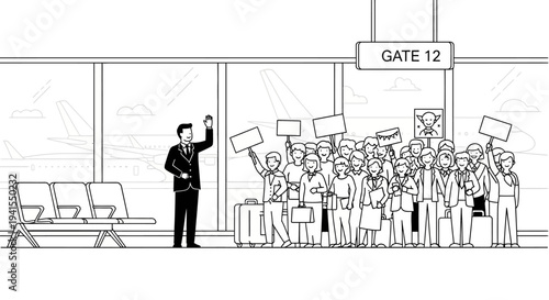 Airport Gate 12: Businessman greets excited crowd with signs and luggage