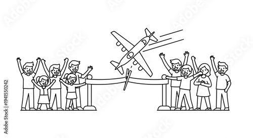 Airplane cutting ribbon at grand opening ceremony with excited crowd cheering