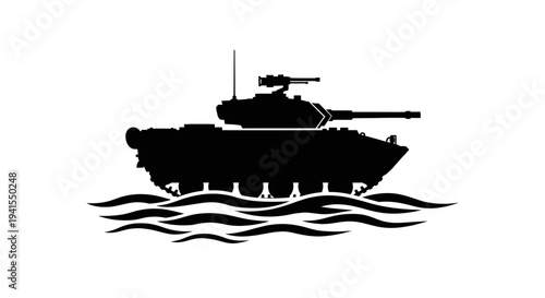 Amphibious Tank Silhouette Crossing Water Waves, Military Vehicle Icon, Vector Art