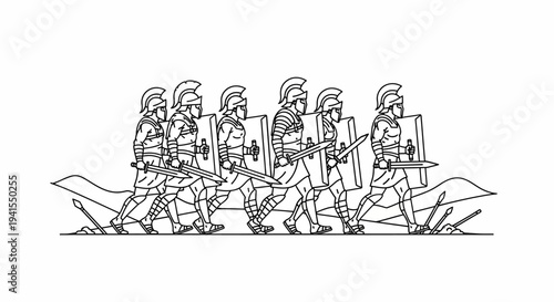 Ancient Greek Hoplite Soldiers Marching in Formation with Shields and Spears