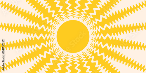 Groovy, hippie, retro sunny background. Abstract hand drawn doodle sunshine shapes in trendy childishly, naive art style. Contemporary summer poster, banner, vector template.