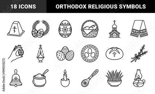Orthodox Easter traditions and religious celebration elements. Minimalist monoline symbols featuring pysanky eggs, church architecture, and festive ritual objects.