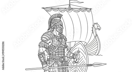 Ancient Warrior with Spear and Shield, Viking Ship in Background, Line Art