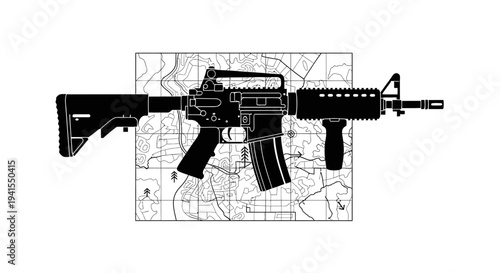 Assault Rifle Silhouette on Topographic Map Background - Tactical Weapon Design