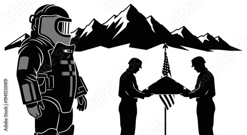 Astronaut and Soldiers Folding American Flag with Mountains Background