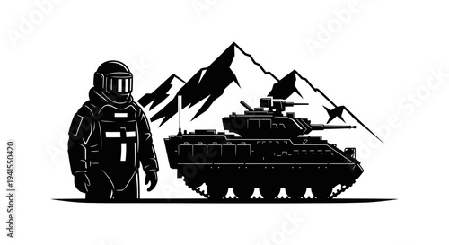 Astronaut and Military Tank Silhouette in Mountains
