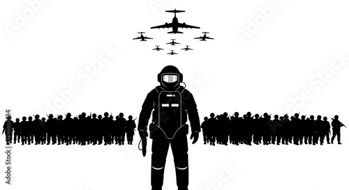 Astronaut Standing Before Crowd and Airplanes, Symbolizing Space Exploration and Future