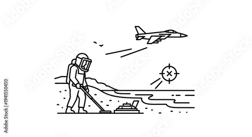 Astronaut with Metal Detector on Beach, Fighter Jet Flying Overhead, Target Sight