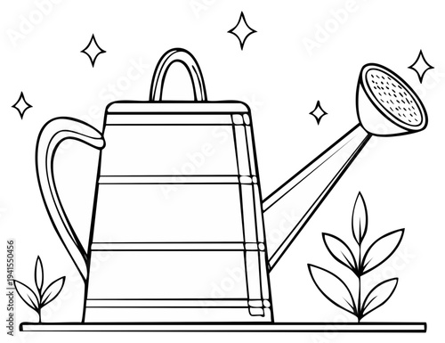 Outline of watering can with decorative leaves and star elements