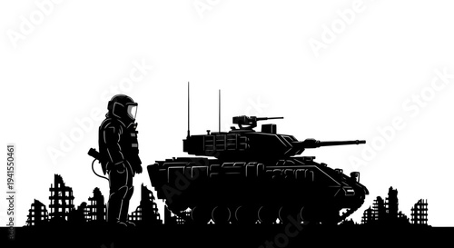 Astronaut Standing Next to Military Tank in Ruined City Silhouette